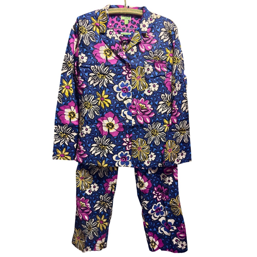 Vera Bradley Pajama Set Womens Small Blue Floral Leopard Cotton Excellent Long